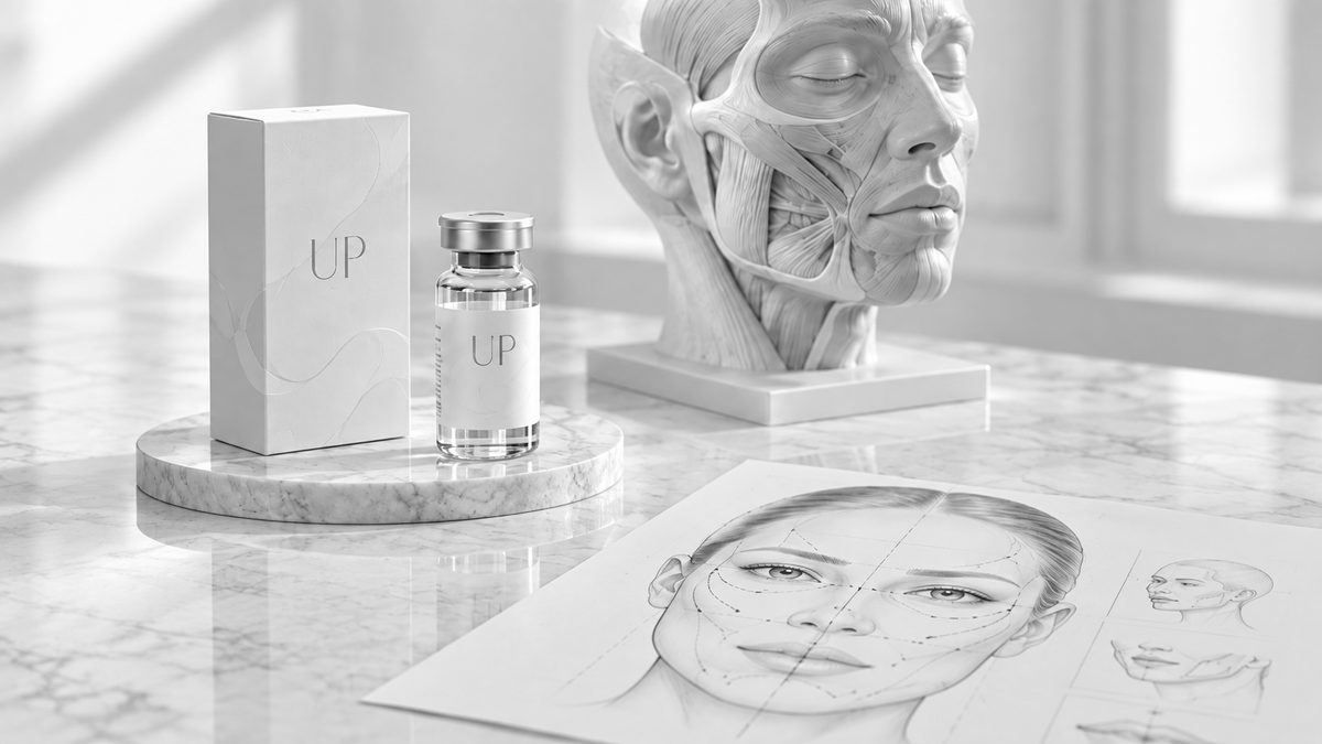 UP hyaluronic acid vial and box next to an anatomical model of the facial muscles and a facial planning drawing