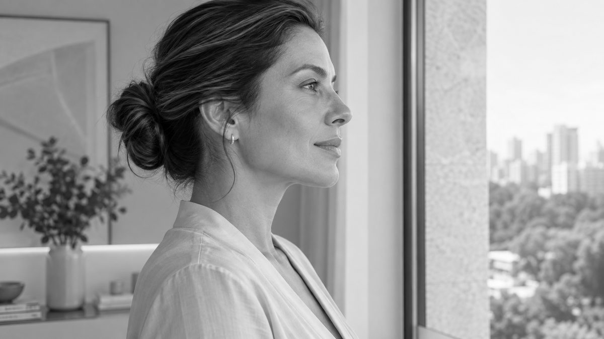Mature woman in profile, with her hair tied back, looks out the window of an apartment overlooking buildings and trees