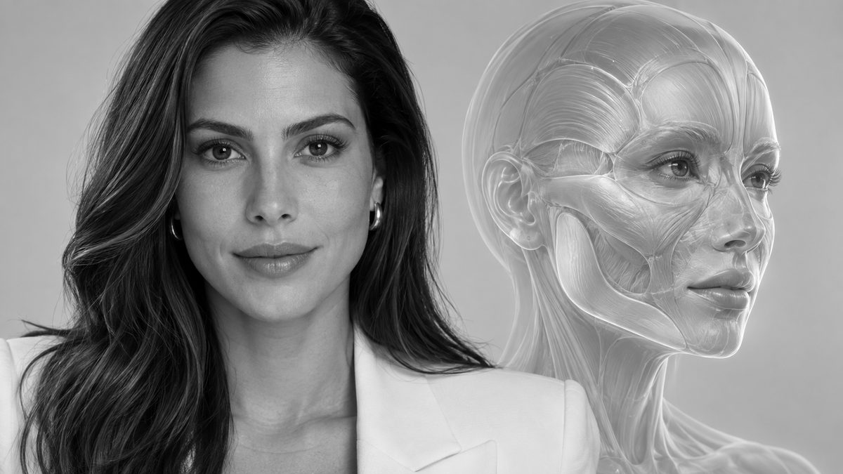 Retrato de uma mulher de cabelo escuro e blazer branco ao lado de uma ilustração translúcida da anatomia do rosto, com músculos e regiões de sustentação em destaque
