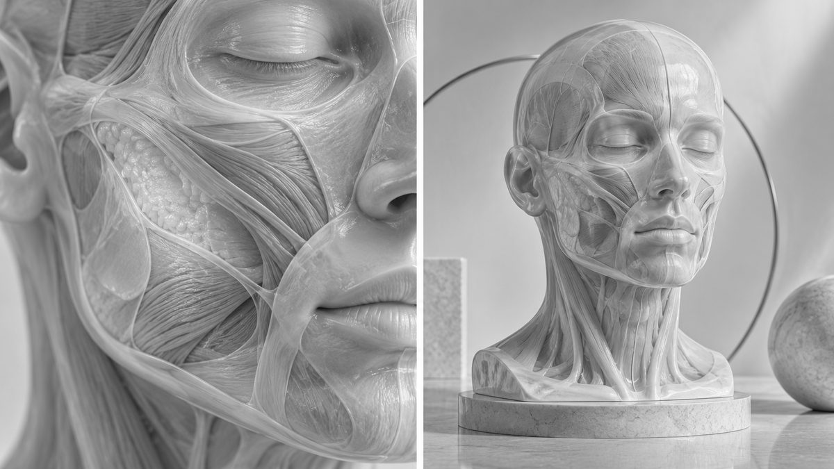 Duas imagens lado a lado de uma escultura anatômica do rosto: em close, os músculos, ligamentos e bolsas de gordura da bochecha; ao lado, o busto inteiro sobre uma base de pedra