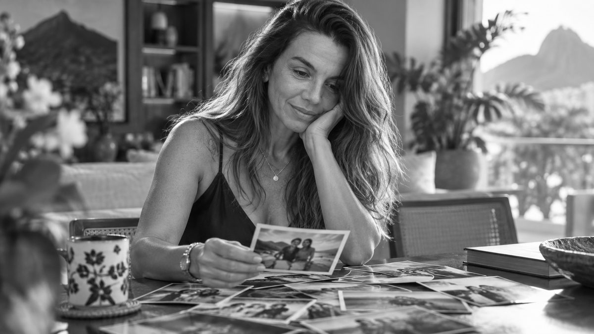 Mulher de cabelo longo olha fotografias impressas espalhadas sobre a mesa de casa, com plantas e a paisagem do Rio ao fundo