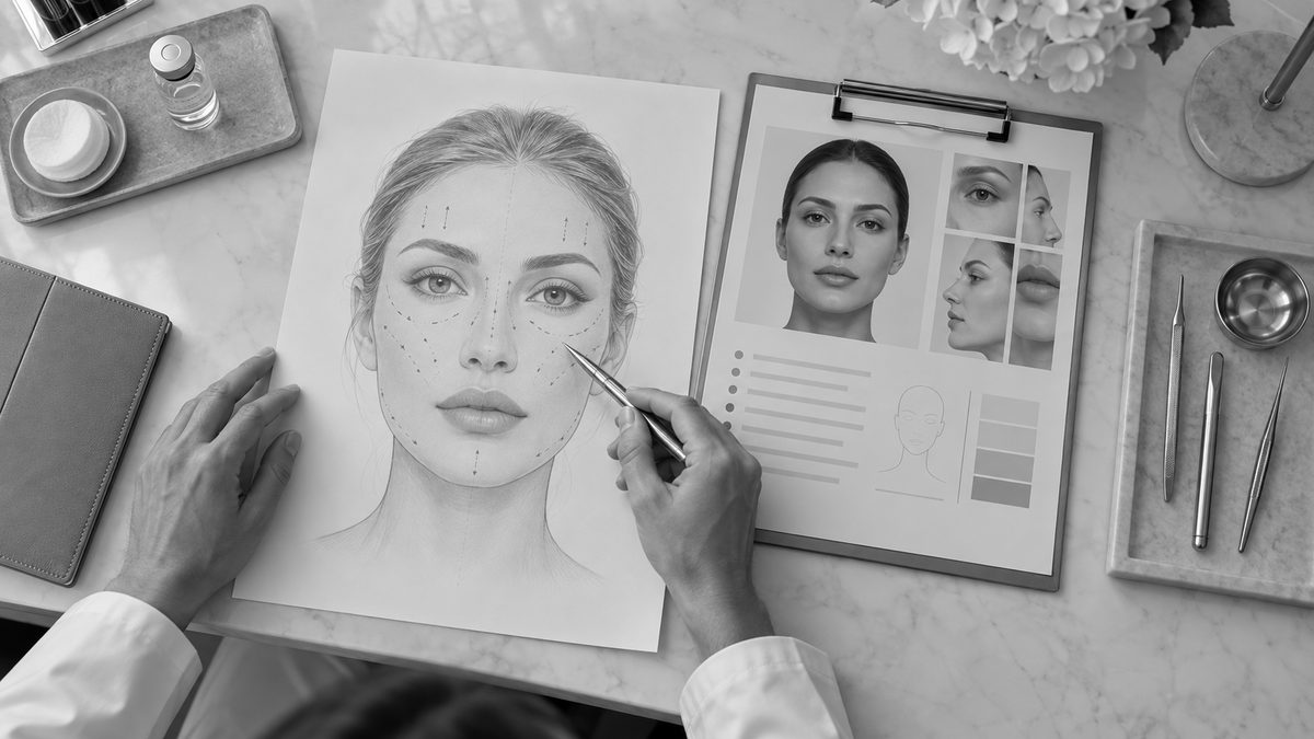 Manos de un profesional con bata blanca marcan con un bolígrafo metálico el dibujo de planificación de un rostro femenino, junto a una tablilla con fotos de la cara desde varios ángulos