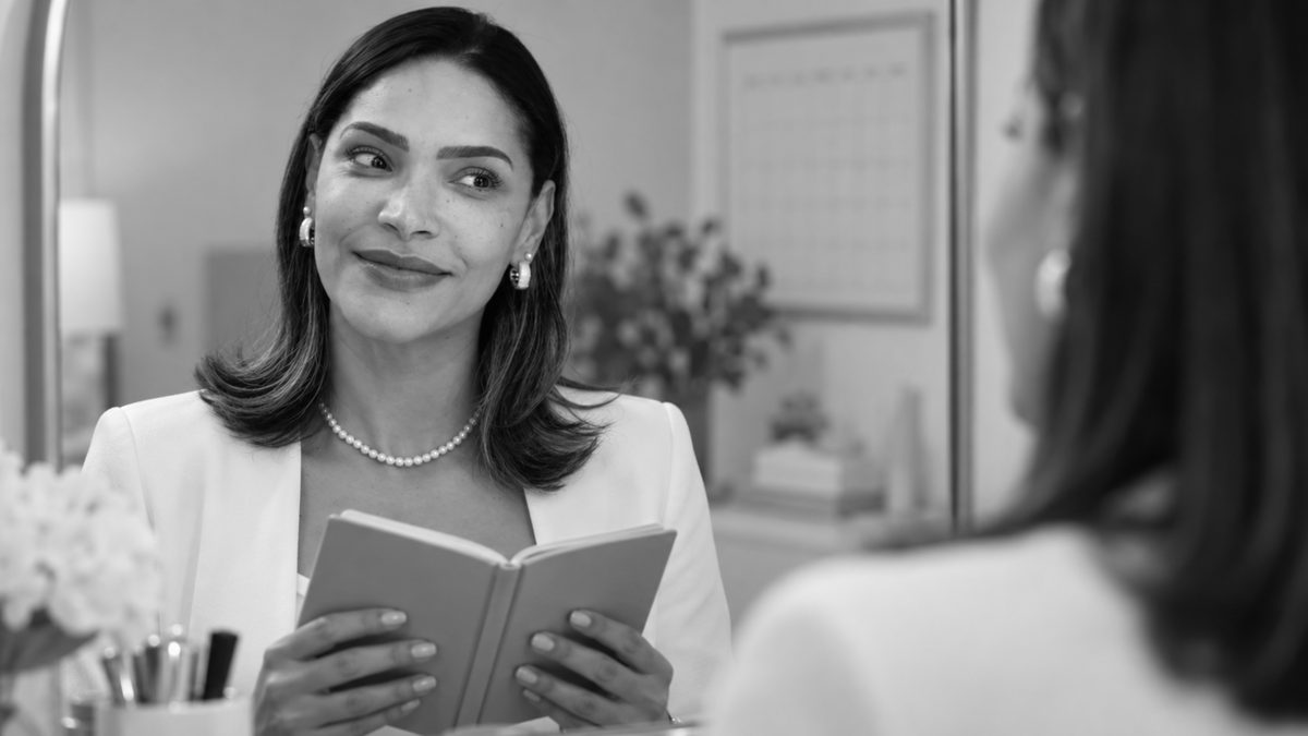 Woman smiles in front of the mirror holding a notebook