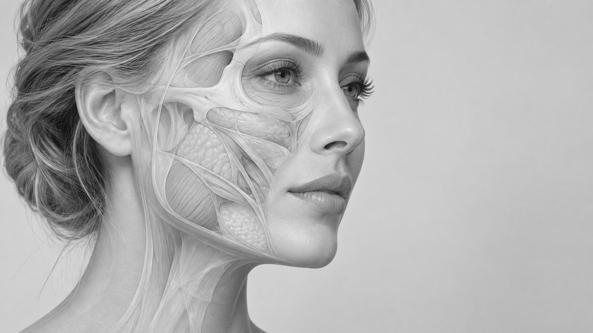 Perfil de uma mulher com metade do rosto revelada em ilustração anatômica, mostrando osso, ligamentos, músculos e compartimentos de gordura por baixo da pele