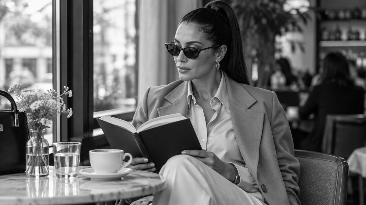 Mulher de casaco camel e óculos escuros lê um livro numa mesa de café, com xícara e flores ao lado e a rua ao fundo
