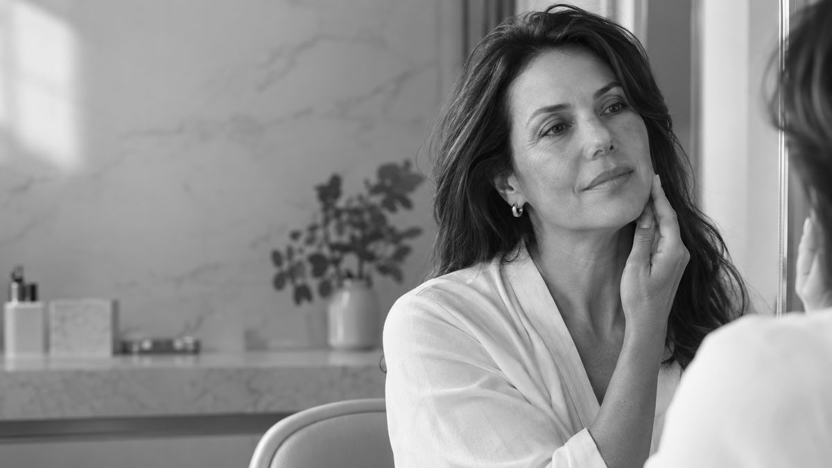 Mature woman looks at her own face in the mirror, with her hand resting on her cheek