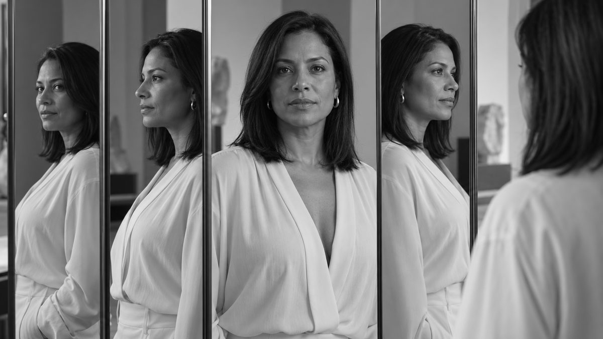 Mulher de blusa clara vista de frente entre painéis de espelho, que refletem o mesmo rosto de perfil em vários ângulos